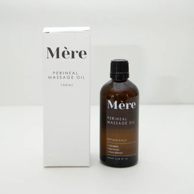 Mère perineal massage oil bottle and packaging on a white background